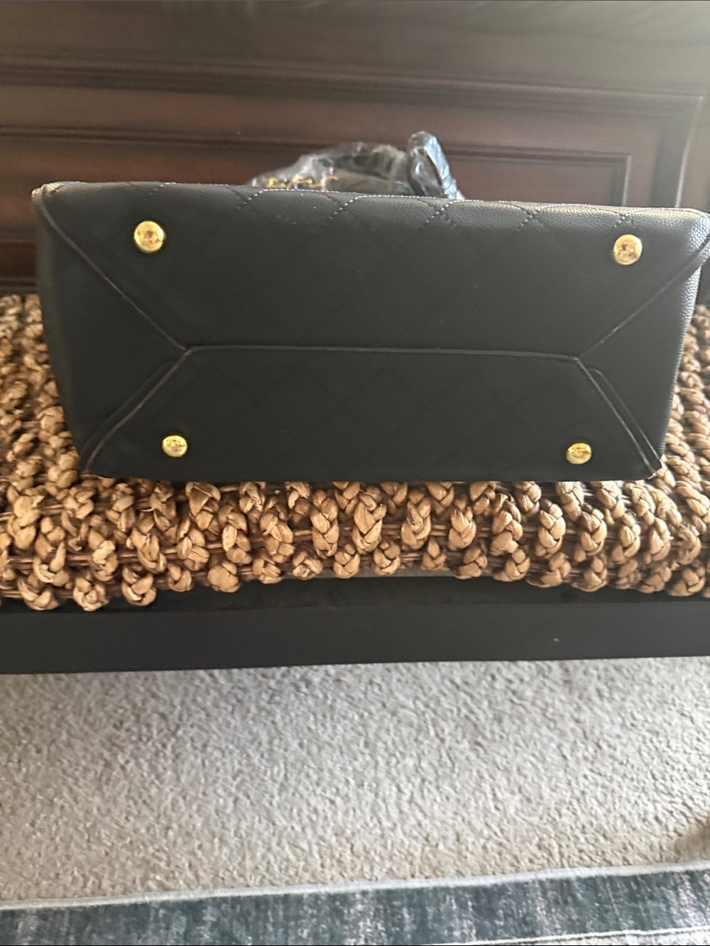 Black Quilted Top-Handle Satchel with Gold Hardware - Picture 3 of 8